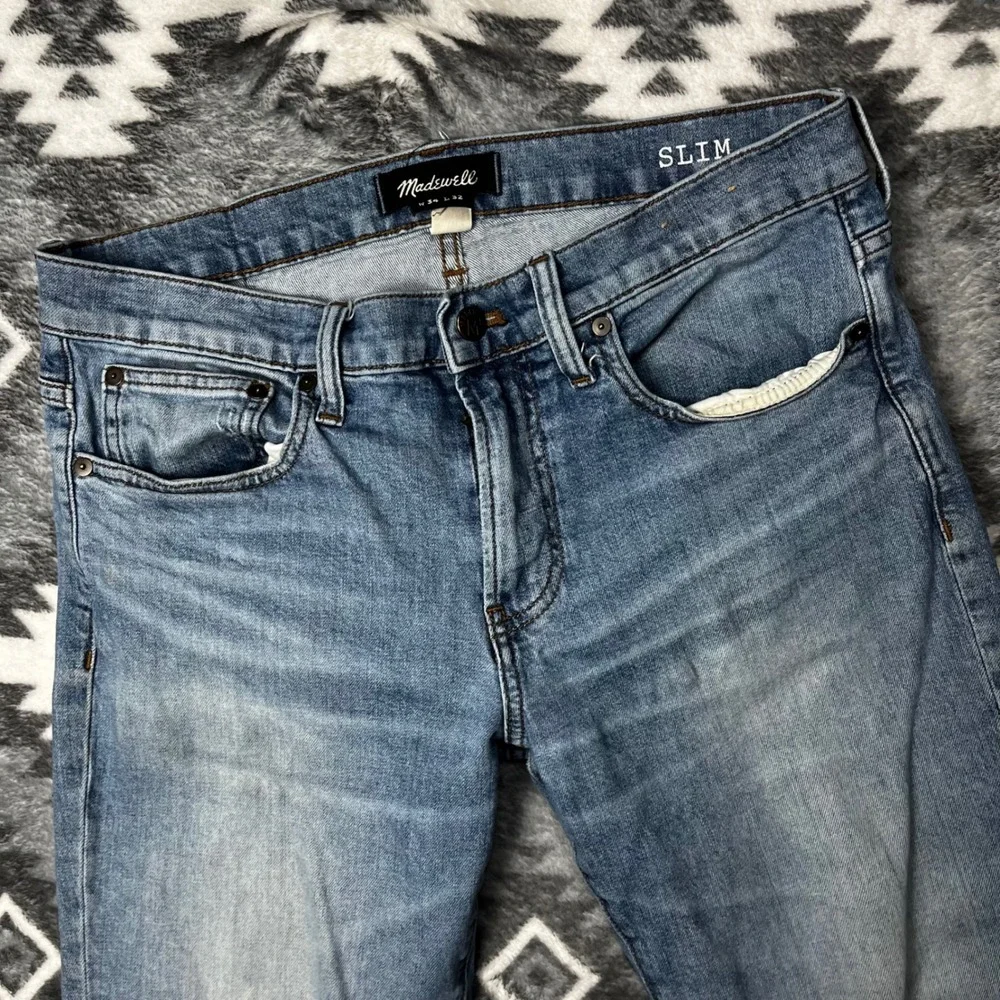 Madewell Slim Jeans Mens 34x32 Light Wash Denim Pants 5 Pocket Stretch Whiskers